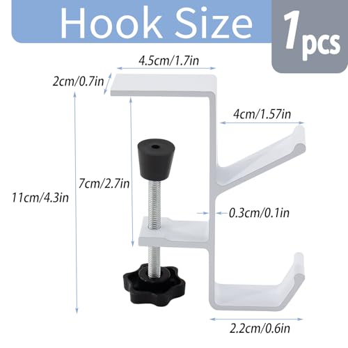 Desk Mount Bag Holder Hook Clamp,On Backpack Hanger Portable Desk Mount Headphones Holder for Reduce Desk Clutter Table Desk Table Hanging Storage (1 Pcs-Double Hook White) - Thumbnail 2