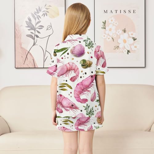 Satin Pajama Sets Short Sleeve Seafood Pattern with Lobster Button Down Silky Nightwear 2 Piece PJS 5-14Y4