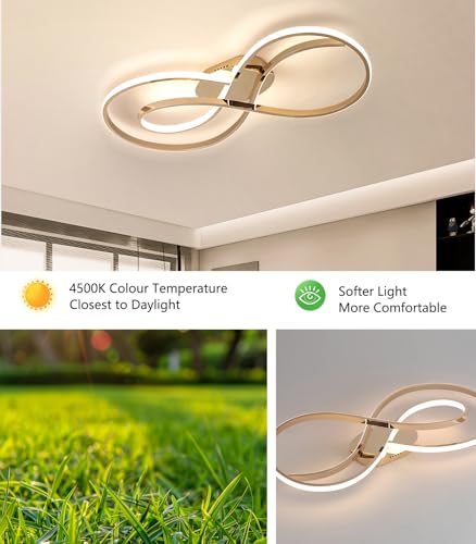 Eclairage salon sans éblouissement plafonnier LED arc télécommande or 80cm