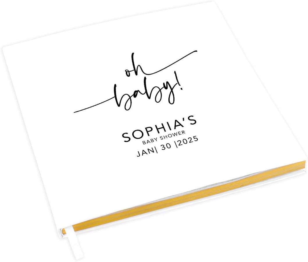 Andaz Press Personalized Baby Shower Guestbook with Gold Accents, Minimal Oh Baby Custom Guestbook, Gender-Neutral White Guest Sign-in Registry 120 Pages 8.5" Memories Book DIY Scrapbook Photo Album
