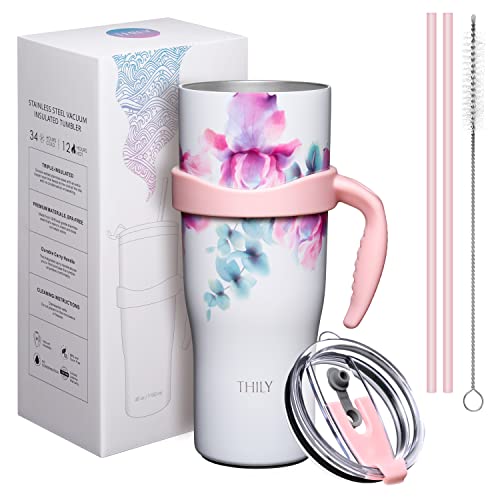 Thily 40 Oz Insulated Tumbler With Handle - Stainless Steel Triple Insulated Coffee Travel Mug With Lid And Straws, Keep Drinks Cold For 34 Hours Or Hot For 12 Hours, Reusable, Bpa Free, Pink Lilies #TOP4