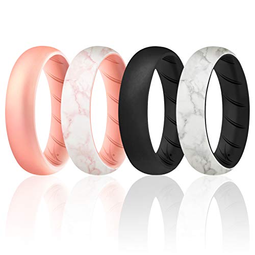 ROQ Silicone Rings for Women Breathable Silicone Rings Bands - Comfort Fit Silicone Wedding Ring for Women - Black, Rose Gold, Marble Colors - Size 7