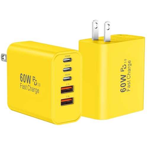 Image of USB C Fast Wall Charger Block, 2Pack 60W USBC Charging Cubes, 5-Port PD+QC Power Adapter Multiport Brick Type C Box Plug for Phone 17 /16 /15 /14 /13 /12 /11 /Pro Max /Plus, Pad Mini /Pro /S25 /S24-Yellow