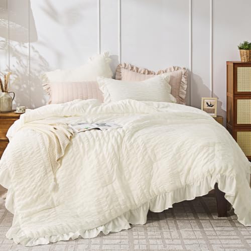 Image of JOLLYVOGUE Cream Queen Comforter Set,3pcs Seersucker Comforters Queen Size