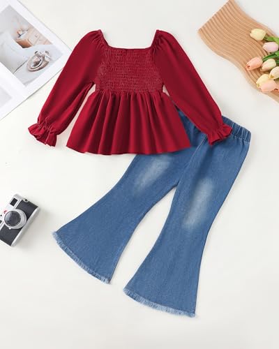Image of XUANHAO Toddler Girls Clothes Puff Sleeve Smocked Shirt Flare Jeans Pant Outfits for Girl Bell Bottom Kids Girls Clothing Set