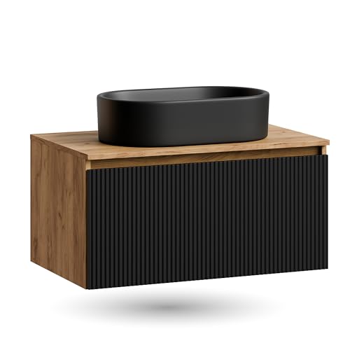 Planetmöbel Arisa Ensemble de meubles de salle de bain Meuble-lavabo 80 cm Chêne doré noir (strié), Vasque 55 cm noir, incl. siphon gain de place