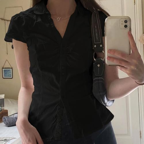 Image of Y2k Girls Vintage Coquette Button Down Shirt Women Short Sleeve V-Neck Slim Fitted T-Shirt Cute Blouse Crop Top
