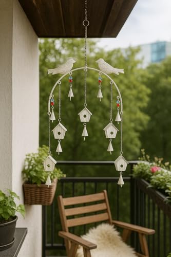 Image of DULI Metal Windchime Wall Hanging, Feng Shui, Wall Art, Wall Decor, PositiveVibes, Rustic Wall Hangings, Wall Art, Diwali Decor, Home Decor, Positive Vibes (MetalBirdhouse-Rustic White)