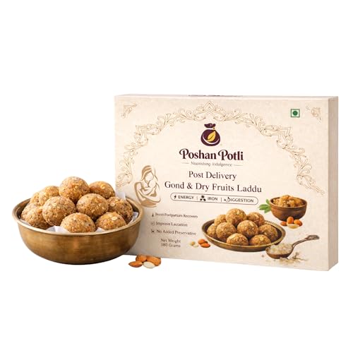 POSHAN POTLI Post Delivery Gond Dry Fruit Laddu 180g Traditional Indian Sweet with Edible Gum Mixed Nuts Dense Texture Small Pack Suitable for Daily Consumption Festive Use