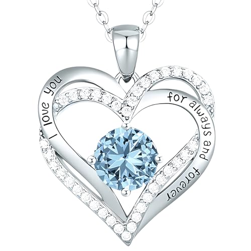 Collier double cœur femme gravé I Love You For Always And Forever avec cristal bleu