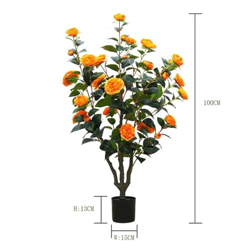 Garveehome 1Pc 3.28ft Artificial Camellia Tree, Faux Camellia Plant in Pot with Realistic Flowers Decorative Floor Plant for Indoor Outdoor Home Office Living Room Decor Housewarming Gift