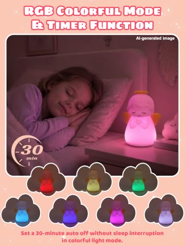 Image of Ammonite Pink Angel Night Light, Soft Silicone Nursery Lamp with RGB 30-Minute Timer, Touch Control Nightlight for Bedroom Decor, Christening Baptism Gifts Christmas Birthday Gift
