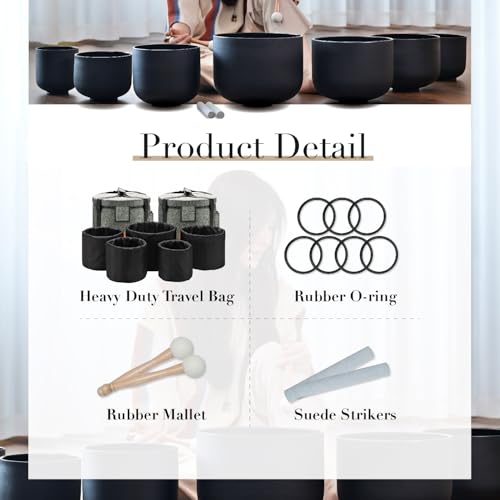 Conjunto de 7 tigelas de cristal de quartzo fosco preto 432 Hz de 15 a 30 cm com 2 estojos de transp