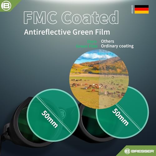 Image of BRESSER 10x50 Binoculars for Adults, High Power Waterproof Binoculars Telescope for Hunting Bird Watching Travel Football Games with Carrying Case and Strap，FMC Green Film，BAK4 Prism