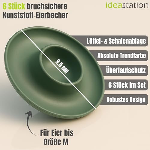 idea-station NEO Eierbecher Set aus Plastik 6 Stück - grün-grau matt - bruchsichere Camping Eierhalter aus Kunststoff - mit praktischer Ablage und Überlaufschutz