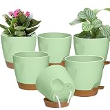 5-Pack Plant Pots with Drainage 7/6.5/6/5.5/5 Inch Self Watering Pots for Indoor Outdoor Plants, Plastic Flower Pots with Drainage Holes and Removable Saucers, Plant Pots with Wicking Rope (Green)