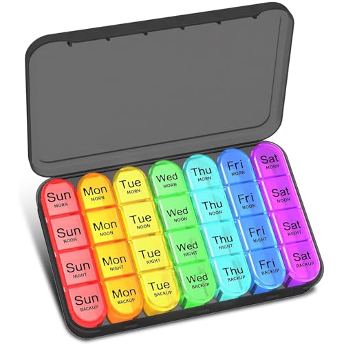 Pill Box Organiser 4 Times a Day Betife Weekly Pill Boxes 7 Day Tablet Organiser Daily Pill Dispenser 7 Day 4 Compartments Tablet Box for Medication Vitamins and Supplements (Black)