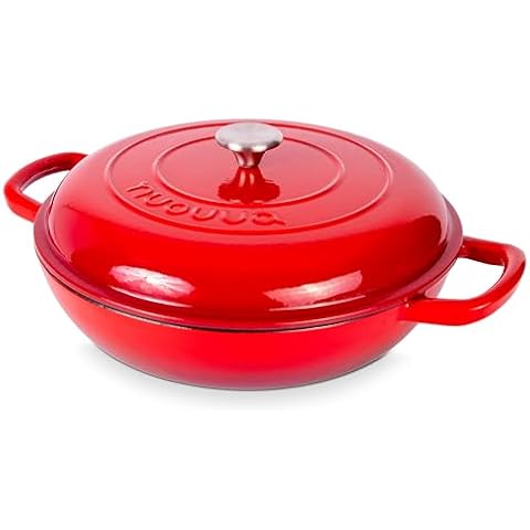 Shallow Cast Iron Casserole with Lid – Non Stick Dutch Oven Pot, Oven Safe up to 500° F – Sturdy Ovenproof Stockpot Cookware – Enamelled Cooking Pot – Red, 5-Quart, 32cm – by Nuovva Cover