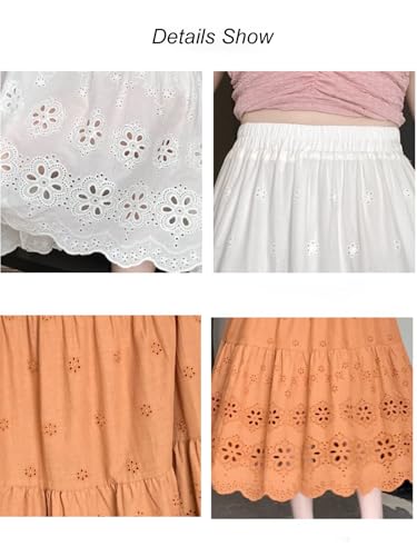 ebossy Womens Boho Eyelet Embroidery Cotton Skirt Elastic High Waisted Flowy Tiered A-Line Midi Long Skirts3