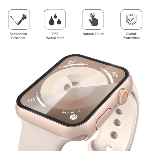 Image of Misxi [2 Pack] Waterproof Hard Case with Tempered Glass Compatible with Apple Watch Series 9 Series 8 Series 7 41mm, Ultra-Thin Cover for iWatch Screen Protector, 1 Rose Gold + 1 Transparent