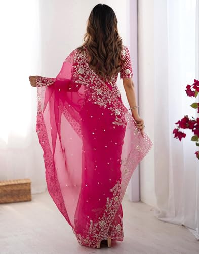 Image of SIRIL Women's Organza Sequence Embroidery Saree With Unstitched Blouse Piece