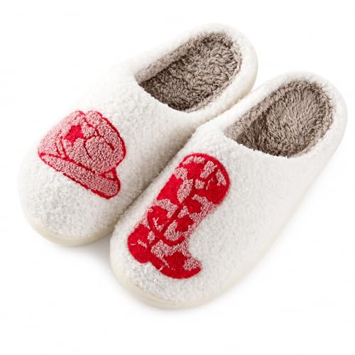 COZWAKS Cowboy Boot Cowgirl Hat Slippers for Women Men with Fuzzy Memory Foam Faux Fur Lined Cute Slippers Cozy Warm Fluffy Non-Slip House Slippers Shoes for Indoor and Outdoor (Cowboy Boot 6.5-7 Women/5.5-6 Men Adult Women 6.5 Numeric Range US Footwear Size System 7 Medium)