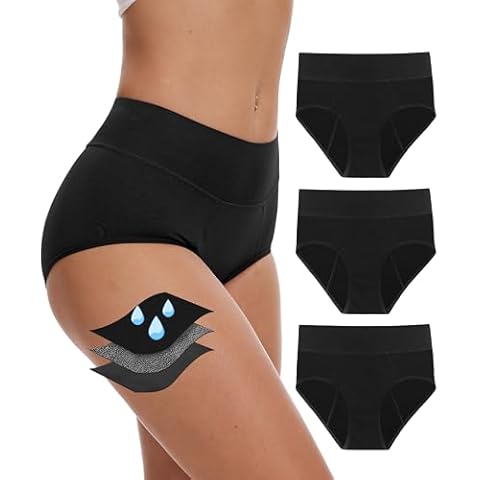 YESWEL Period Underwear For Women, Menstrual Ladies Panty, Leak-Proof 2.0, High-Waisted Briefs, 3 Pack (X-Large, Black) Cover