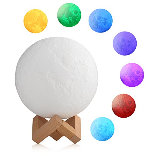 Greenskon Lampada 3D Touch a Forma di Luna Luminosa Ricarica USB Luce LED Notturna per Arredare la Vostra Casa o la Stanza dei Bambini. Con Supporto in legno. (15cm)