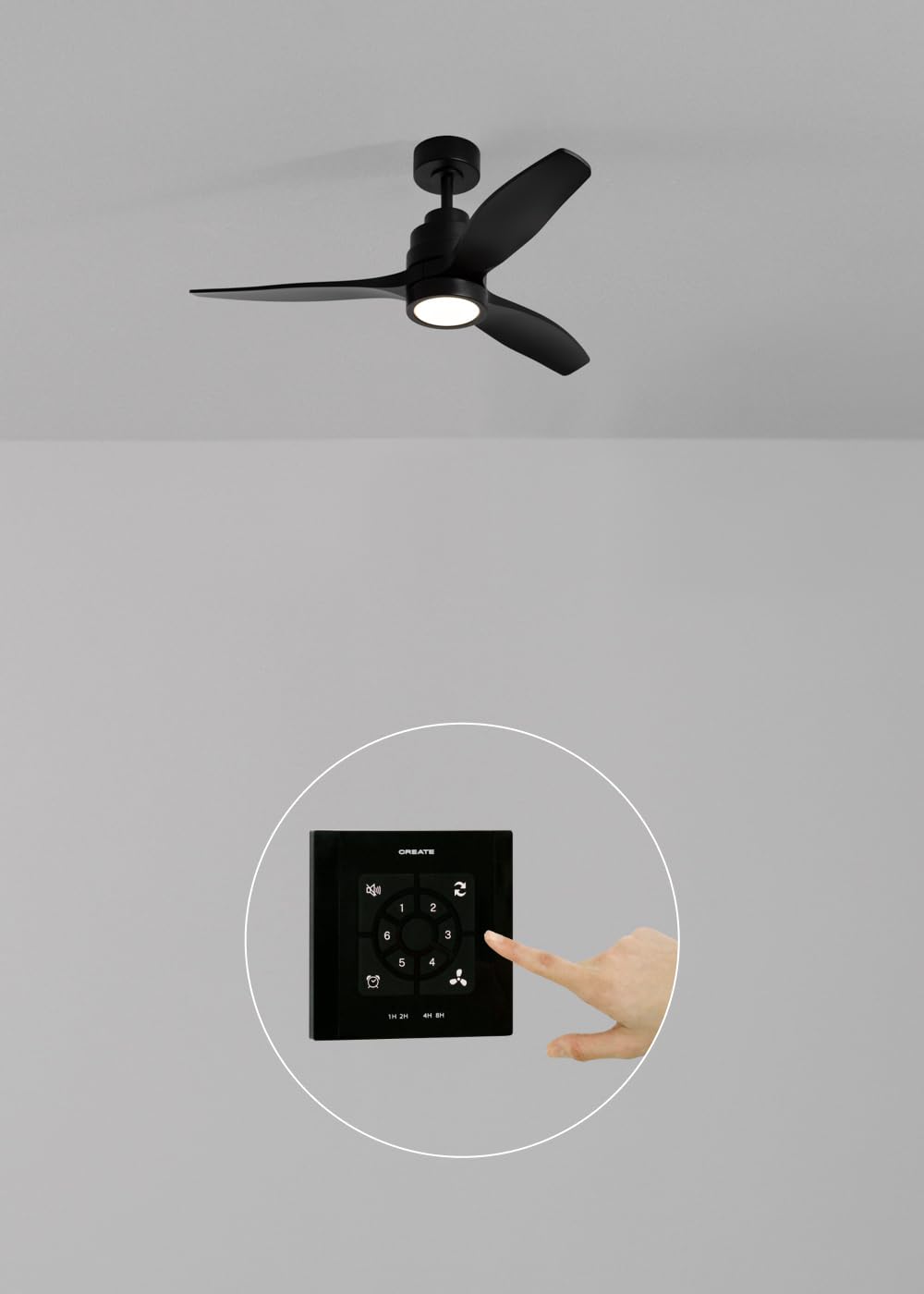 CREATE / WINDSTYLANCE S/Ventilador de techo ABS con luz negro con controlador pared y mando / 40W, Temporizador, Ø112 cm, 6 velocidades,3 temperaturas de luz, verano-invierno, doble altura