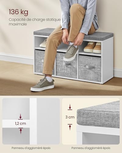 VASAGLE Custos Collection - Banc à Chaussures, Organiseur de Chaussures, 6 Compartiments, 3 Étagères Réglables, Banc avec 3 Coffres de Rangement pour Entrée, Couloir, Placard, Blanc Nuage LSB101W14 – vue 5