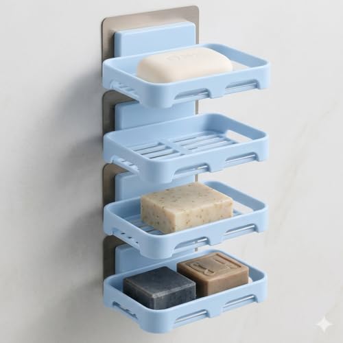 Image of Self Adhesive Soap Holder for Bathroom Wall | Plastic Soap Stand with Drain Tray | Wall Mounted Soap Dish | No Drilling Bathroom Soap Holder (Rectangular Blue 04)