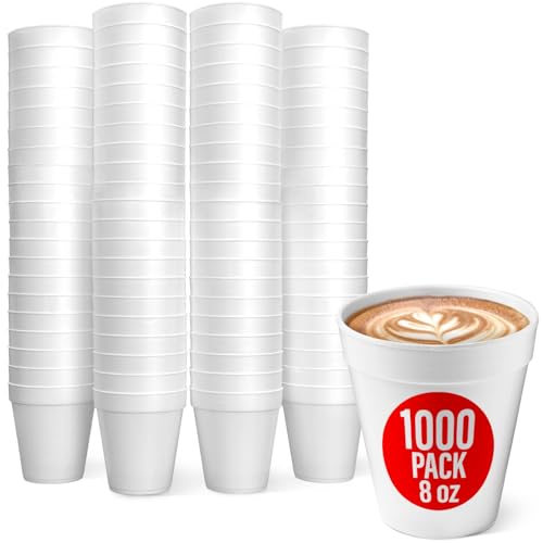 Shop Square 8 oz Styrofoam Cups (Case of 1000) Bulk Disposable White Foam Cups for Hot & Cold Beverages Coffee Tea Soda Juice - Made in USA