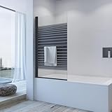 Badewannenaufsatz 80x140 cm – 1-teilige Duschwand für Badewanne mit Handtuchhalter | 5 mm ESG Glas mit Nano-Beschichtung & Querstreifen-Dekor | Verstellbar 78,5–80cm | Heb-/Senk-Technik | Schwarz matt