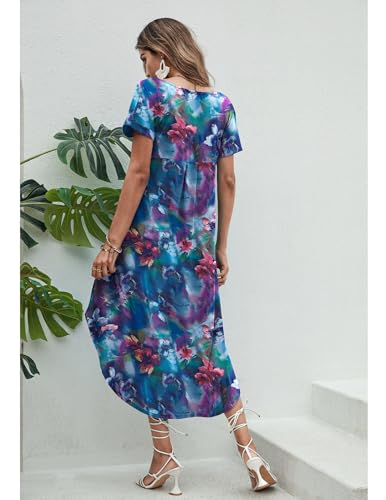 Image of Ekouaer Long Nightgowns for Women Short Sleeve House Dress with Pockets V Neck Sleepshirts Side Split Sleepwear S-4XL