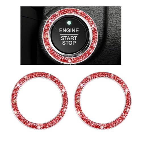 Image of 2 PCS Car Bling Crystal Rhinestone Engine Start Ring Decals, Sparkling Diamond Car Push Start Button Ignition Ring Sticker, Auto Key Ignition Knob Ring Decoration for Women Girls (Red)