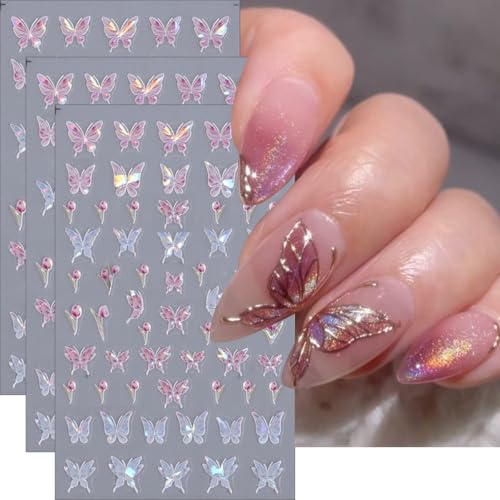 Butterfly Nail Art Stickers, Pink Blue Butterfly Nail Decals 3D Self Adhesive with Laser Pink Flower Design 3Pcs Glitter Spring Summer Nail Decoration Supplies for Women Girls