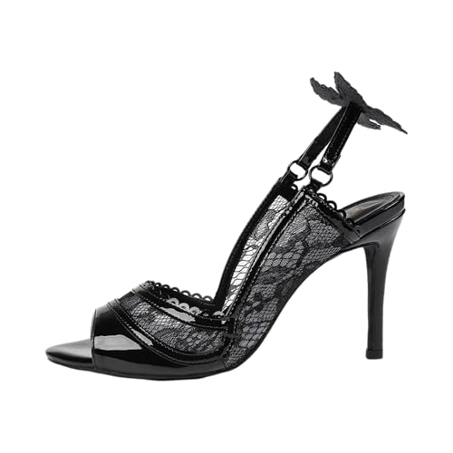 Women's Lace Slingback High Heel Sandals, Black Patent and Mesh,