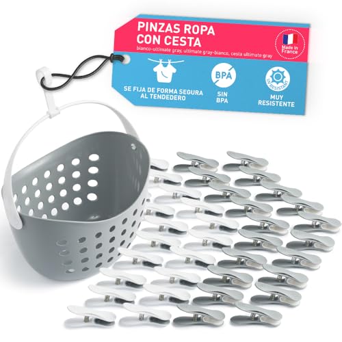 Culiclean 40 Pinzas Con Cesta Para Tender Ropa Cesta Pinzas Ropa Tender Plástico Resistente Y Bpa-Free Fabricado En Francia Soft Clip, Blanco-Ultimate Gray, Ultimate Gray-Blanco, Cesta Ultimate Gray