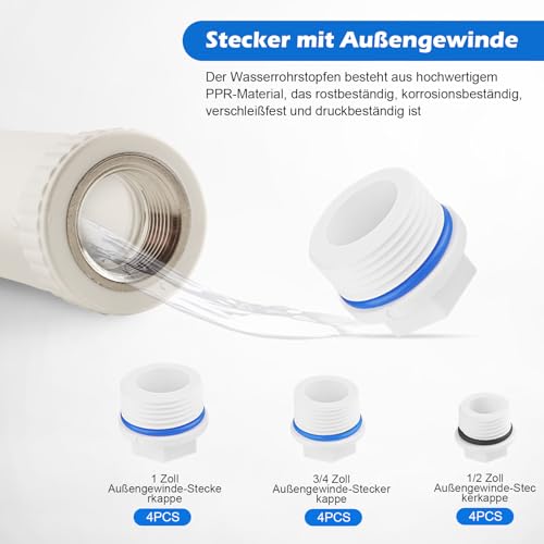 YiJiuBa 24Pcs Blindstopfen Wasserleitung mit Dichtung, Blindstopfen 1 1/2 3/4 zoll Wasserleitung Außengewinde und Innengewind, BSP Verschlusskappe für Waschmaschine Geschirrspüler Wasse