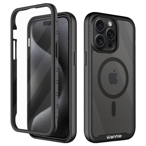 wahhle Compatible with iPhone 15 Pro Case Magnetic Wireless Charging Built in Screen Protector Full Body Shockproof Slim Fit Bumper Protective Phone Cover 6.1 Men Women-Black/Clear