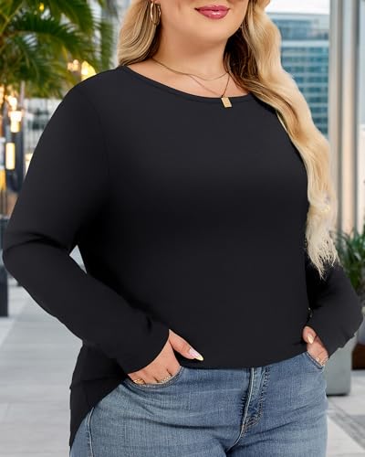 Womens Plus Size Tops Basic Long Sleeve Shirts Crew Neck T Shirt Fall Outfits Loose Fit Casual Blouses3