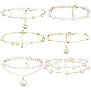 Tondiamo 6 Pcs Gold Pearl Beaded Bracelets for Women Dainty Pearl Bracelet Stack Jewelry Gold Plated Bracelets for Women