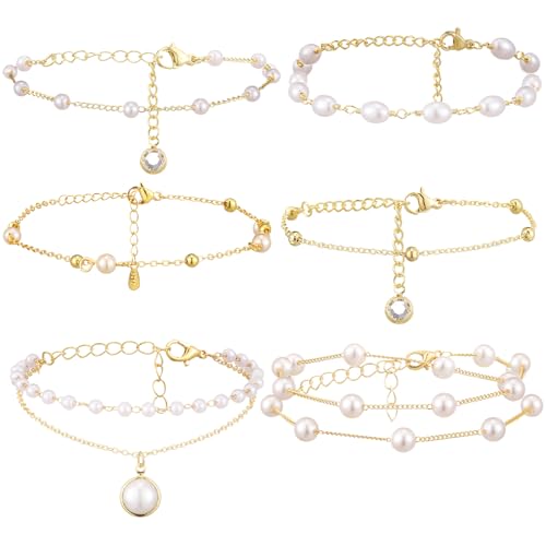 Tondiamo 6 Pcs Gold Pearl Beaded Bracelets for Women Dainty Pearl Bracelet Stack Jewelry Gold Plated Bracelets for Women