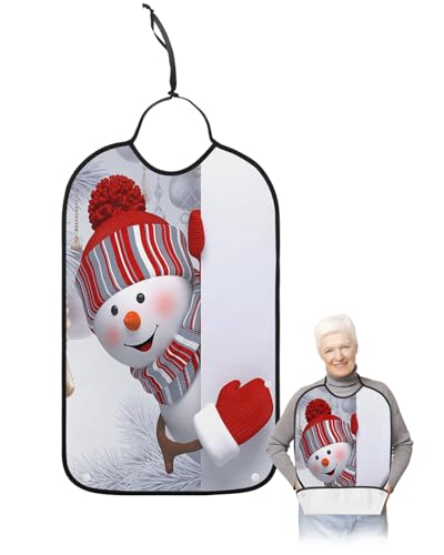 Adult Bibs for Elderly Women - Red Snowman Christmas Waterproof Dining Clothing Protectors with Crumb Catcher for Eating/Feeding, Gray Xmas Tree Winter Snowflake Terry Cloth Bib Machine Washable