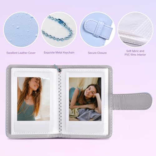 HIYQIN 32 Pockets Mini Photo Album Compatible with Fujifilm Instax Mini Film - Instax Mini 12 99 70 7s 8 8+ 9 11 25 50s 90, Portable Mini Photo Album with Keyring - Blue - Image 2