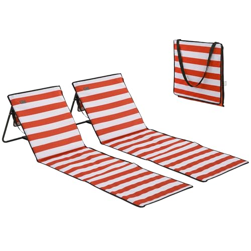 Outsunny Conjunto de 2 Esterillas de Playa Plegable Esteras Acolchadas de Tela Oxford PVC 600D con Respaldo Reclinable y Correa de Transporte para Jardín 142x51x40 cm Rojo y Blanco