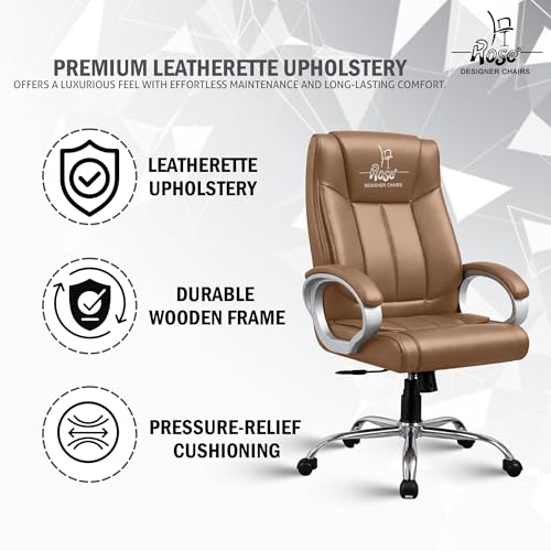 Image of ROSE Kyoto Orthopedic Boss Chair with 3 Years Brand Warranty, Ergonomic Executive Chair Seat, Metallic Base | High Back (Rust, Leatherette)