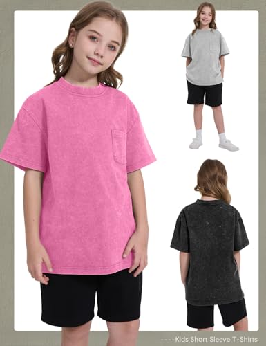 Image of COZYPOIN Unisex Kids Vintage Acid Wash Cotton Tees Crew Neck 3-16Y