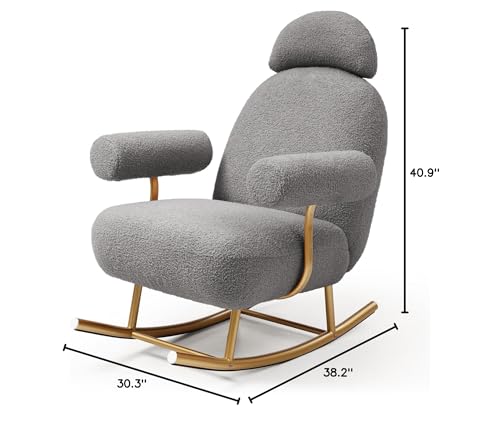 TRIPLE TREE Modern Sherpa Fabric Rocking Chair,Accent Upholstered Rocker Glider Chair,Comfy Armchair Accent Chair with Gold Metal Frame,Leisure Chair for Bedroom Living Room Office,Grey