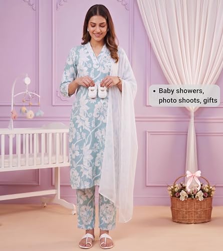 Image of DUMMY SHAPE Maternity Dresses for Women Cotton | Floral Kurta Pant Dupatta Set with Nursing Zippers, Side Pocket | Pre & Post Pregnancy | Feeding Kurti Suit | Baby Shower | Gifts for Pregnant Woman